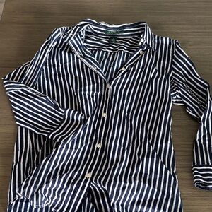 Lauren Ralph Lauren Striped Button Down Shirt Women’s Small Navy White Cotton